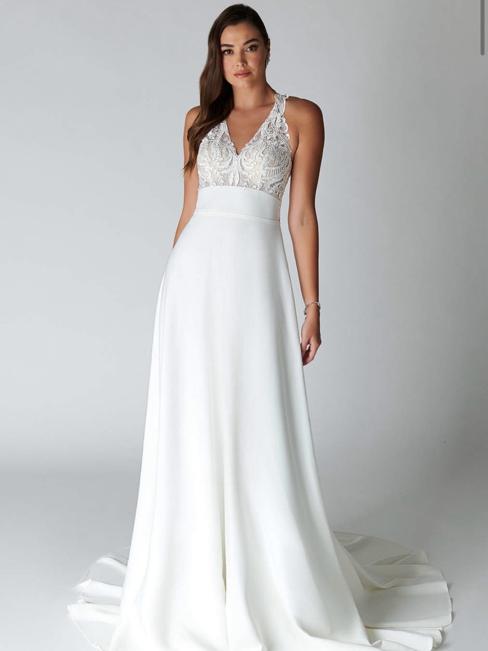 Azazie White Lace V-Neck A-Line Wedding Gown